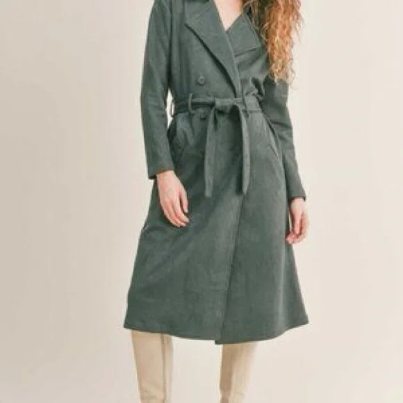 Like New, sᴀᴅɪᴇ & sᴀɢᴇ, Women's Microsuede Trench Coat I Dark Green, sᴍᴀʟʟ